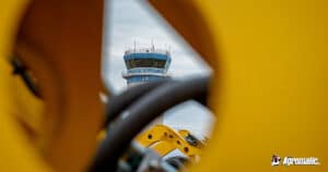 WPS Farm Show EAA tower view through hole in a tractor.