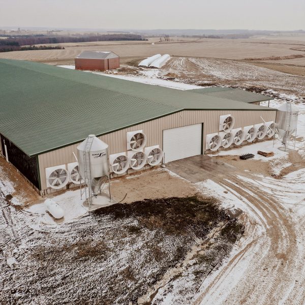 Aerial view of dairy barn with direct drive exhaust fans.