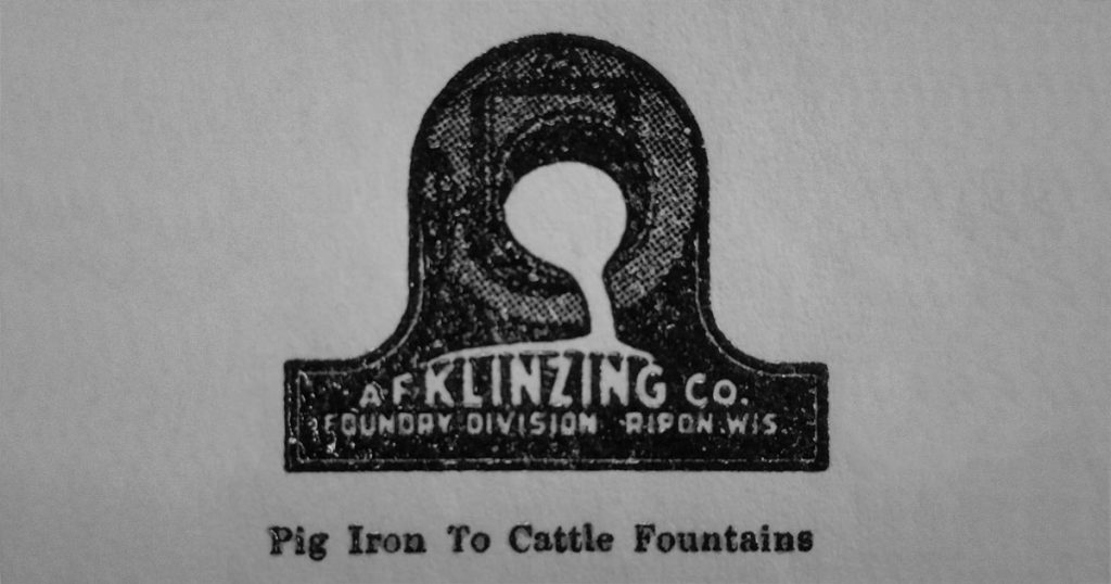 A.F.Klinzing Foundry Division logo. "Pig Iron To Cattle Fountains".