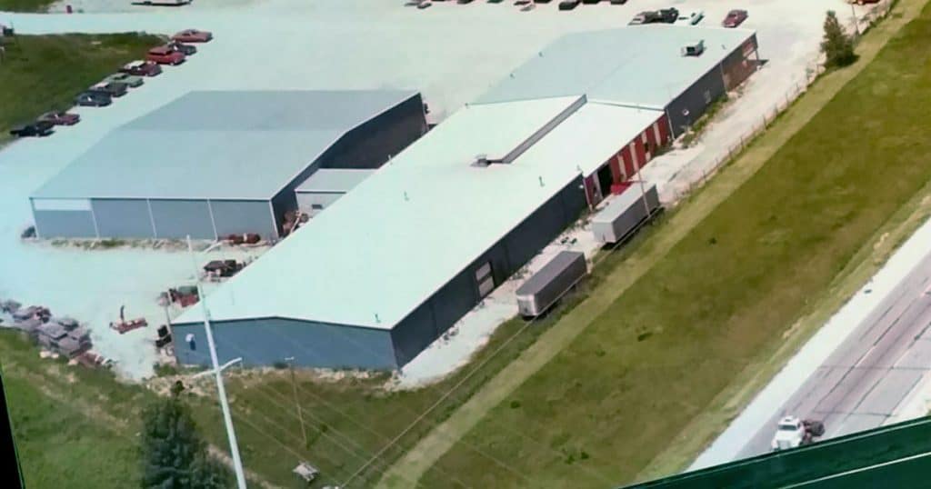 Overhead view of Agromatic Inc. building in the 1970s.