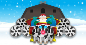 Santa Claus with cows pulling sleigh, powered by Agro Air Dynamics barn fans.