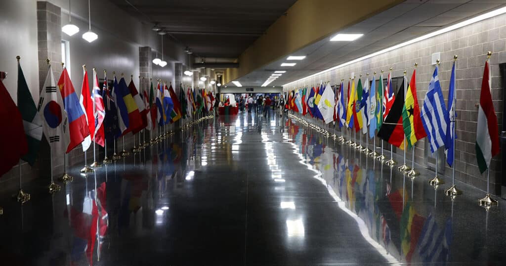 World Dairy Expo hallway flags in 2022.
