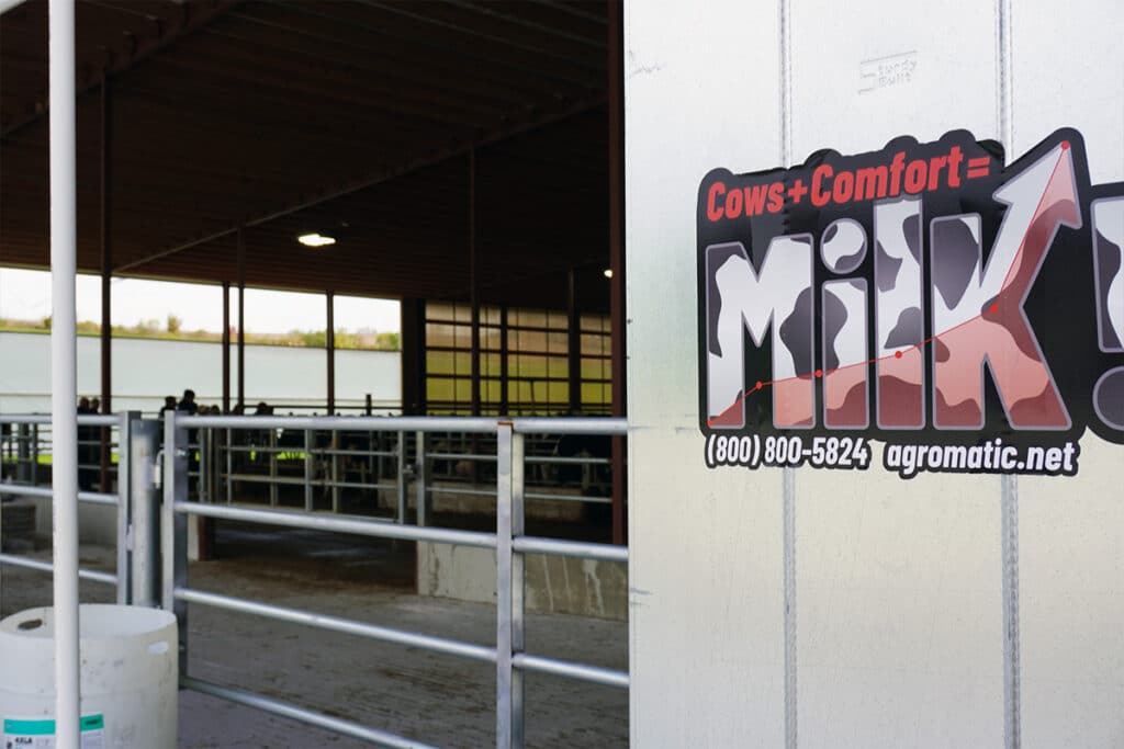 Cows + Comfort = Milk! sign on Abel Dairy Farms cow barn.