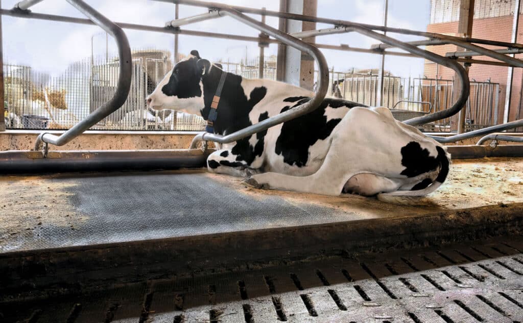 KRAIBURG Cattle Mats - WELA stall mats with cow lying in cubicle.