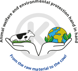 Animal Welfare and Environmental Protection badge for cows and the Earth.