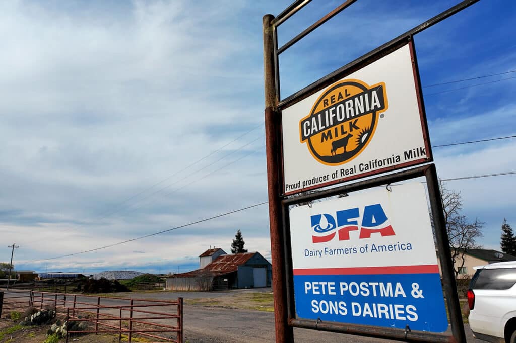 Real California Milk, Dairy Farmers of America (DFA) and Pete Postma & Sons Dairies signs.
