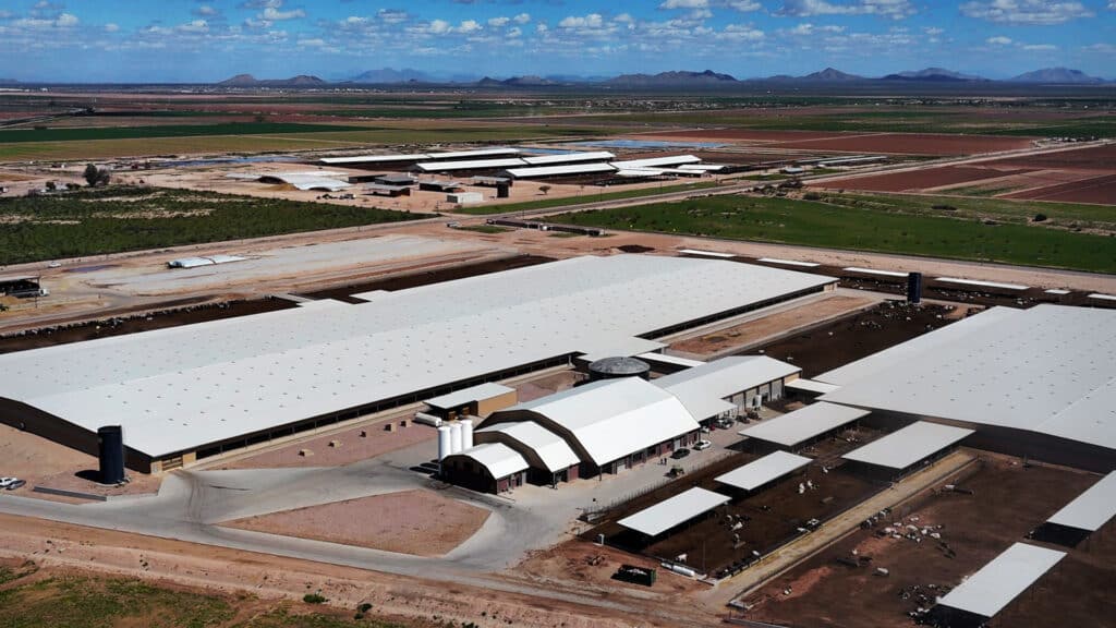 Zinke Dairy, Stanfield Arizona drone view with mountains in the background.