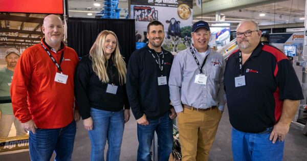 Agromatic sales team at the WPS Farm Show in 2025. Left to right is Erik Niemeier, Whitney Twet, Thomas Hintz, Kent Englund, and Dean Birschbach.