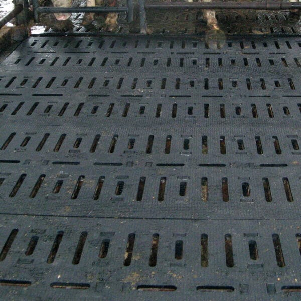Beef Cattle slat mats: KRAIBURG LOSPA swiss rubber matting installed.