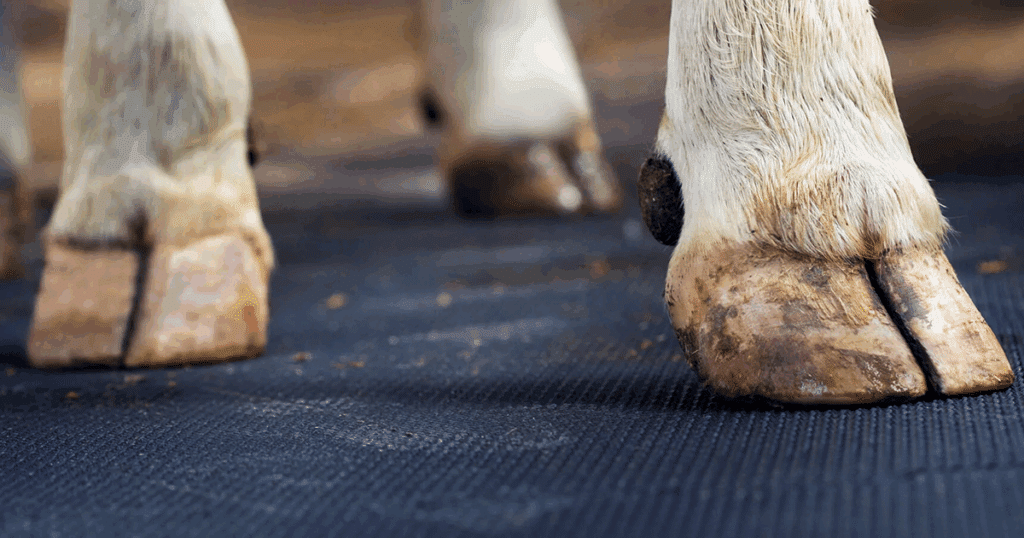 Hostein cow hoofs standing on KRAIBURG rubber mats.