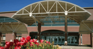 Flowers bloom in front of the entrance to Sioux Falls Convention Center, home of the 2026 Sioux Falls Farm Show in Sioux Falls, South Dakota.