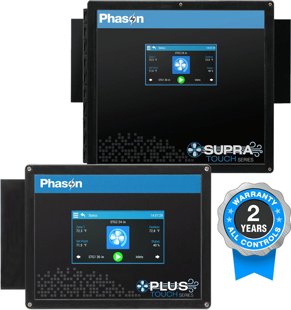 Phason Touch Series barn ventilation controllers.