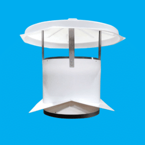 Agro Air Dynamics round barn chimney on blue background.