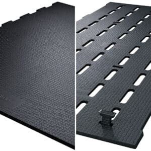 Product split view of Kraiburg Cirrus interlocking floor mats for cattle including an option for slatted cattle mats.