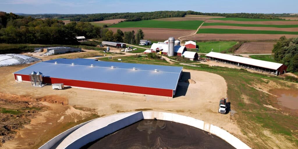 Drone View of Modern Dairy Farm. Virhada Holsteins, LLC Mt. Horeb, WI overhead drone view of modern dairy farm.